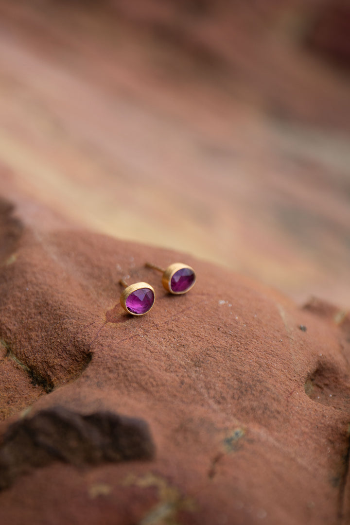 Pink Tourmaline Stud Earrings in Brushed 24k Gold Plated Silver