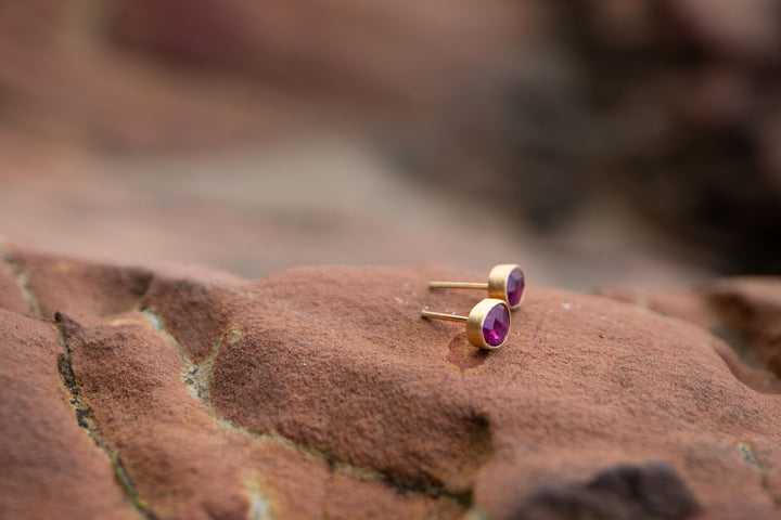Pink Tourmaline Stud Earrings in Brushed 24k Gold Plated Silver