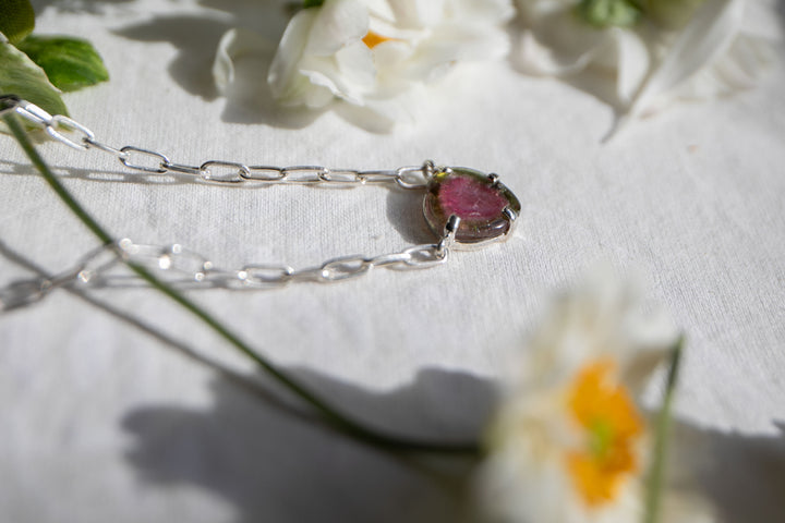 Watermelon Tourmaline Pendant on Sterling Silver Paperclip Chain