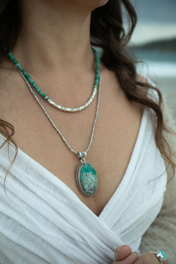 Natural Turquoise Pendant set in Unique Tribal Sterling Silver