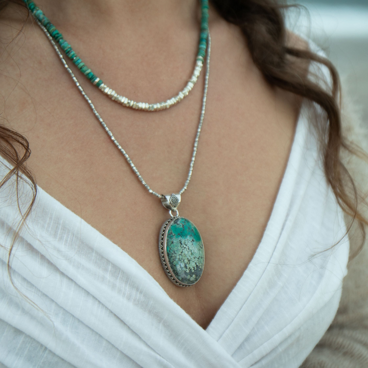 Natural Turquoise Pendant set in Unique Tribal Sterling Silver