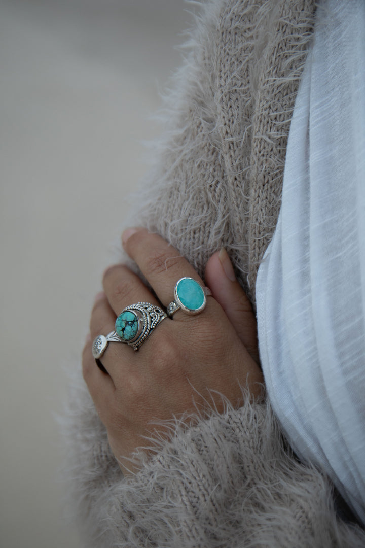 Blue Peruvian Opal Ring in Beaten Sterling Silver - Size 7.5 US