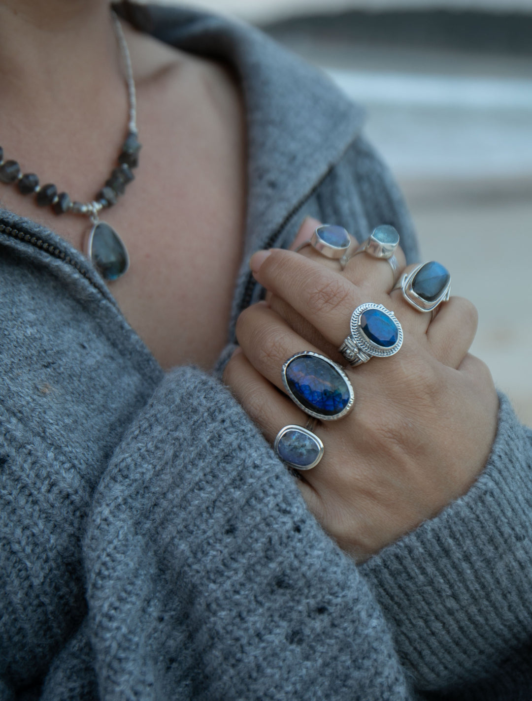 Oval Labradorite Ring set in Beaten Sterling Silver Band - Size 7 US
