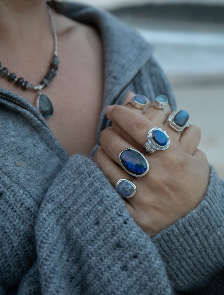 Oval Labradorite Ring set in Beaten Sterling Silver Band - Size 7 US