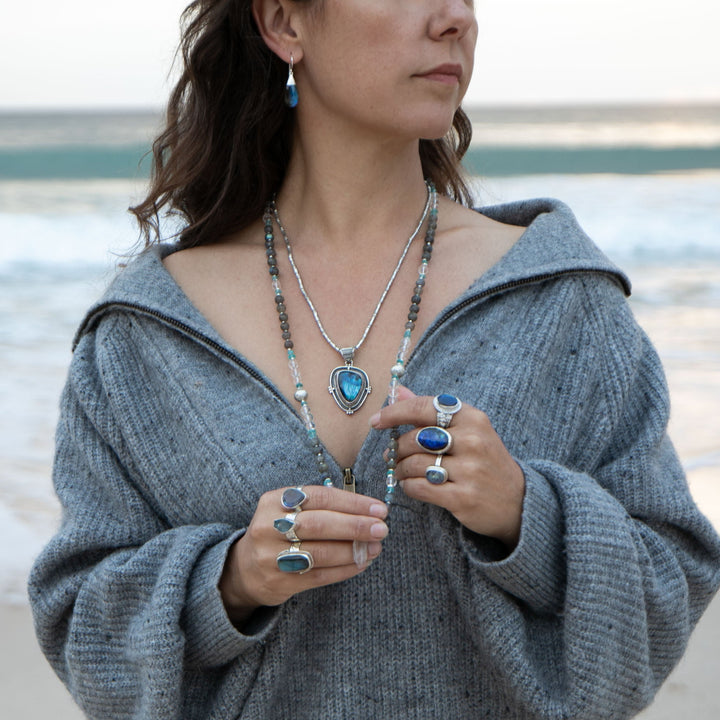 Handmade Labradorite, Crystal and Apatite Mala Necklace with Crystal Quartz Point Pendant (Copy)