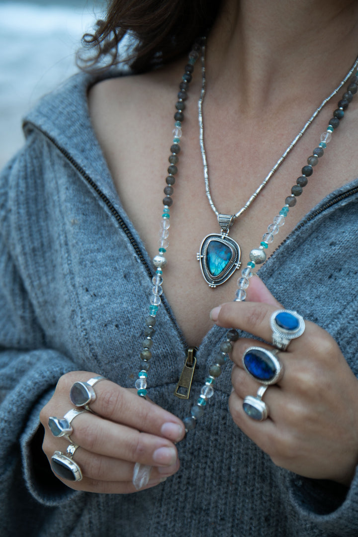 Handmade Labradorite, Crystal and Apatite Mala Necklace with Crystal Quartz Point Pendant (Copy)