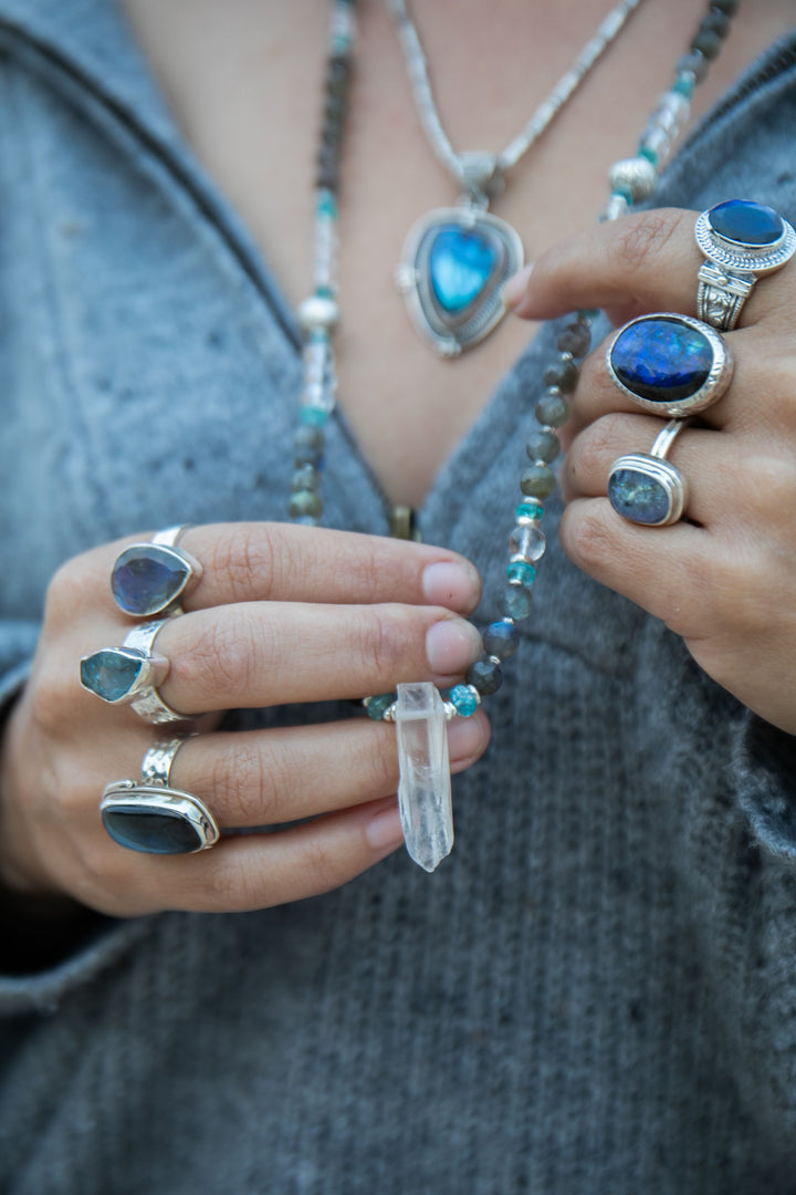 Handmade Labradorite, Crystal and Apatite Mala Necklace with Crystal Quartz Point Pendant (Copy)