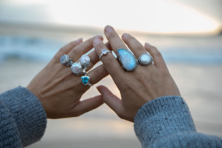 Statement Rainbow Moonstone Ring in Tribal Sterling Silver Setting - Size 9 US