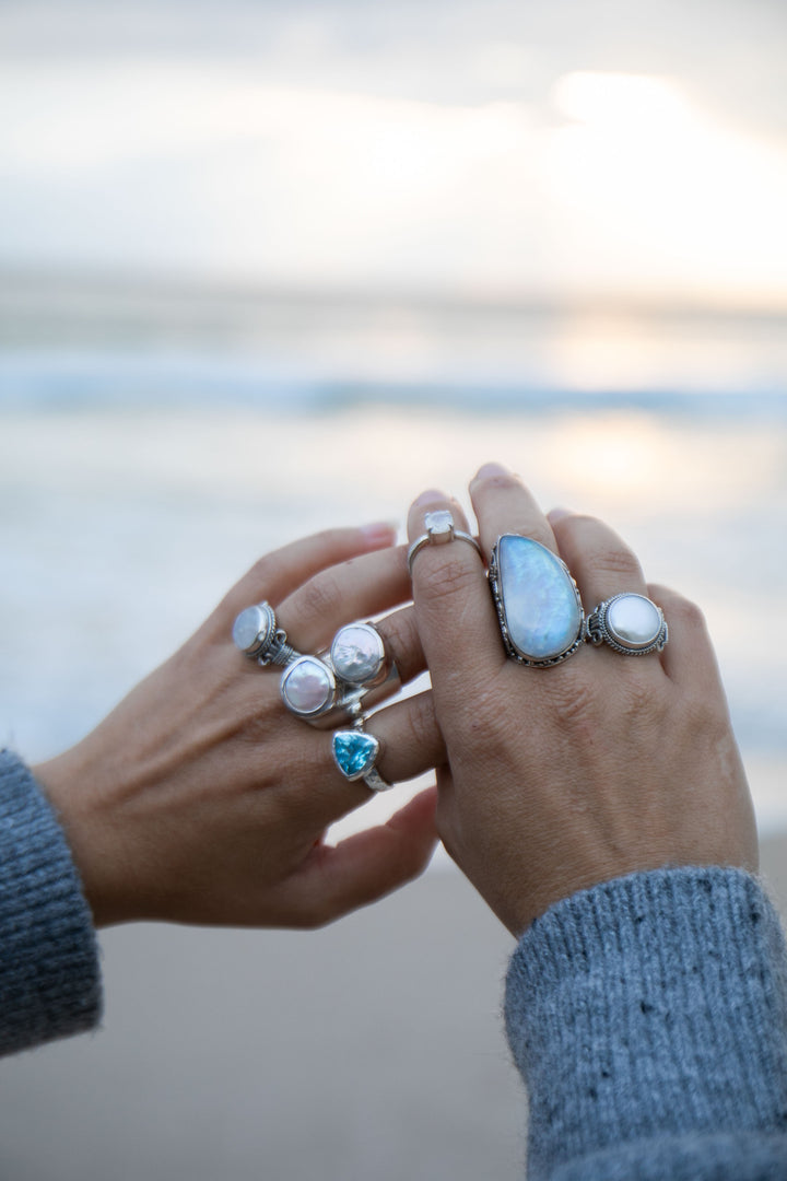 Statement Rainbow Moonstone Ring in Tribal Sterling Silver Setting - Size 9 US