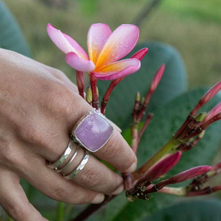 Pink Kunzite Ring with Beaten Sterling Silver Setting - Adjustable Band