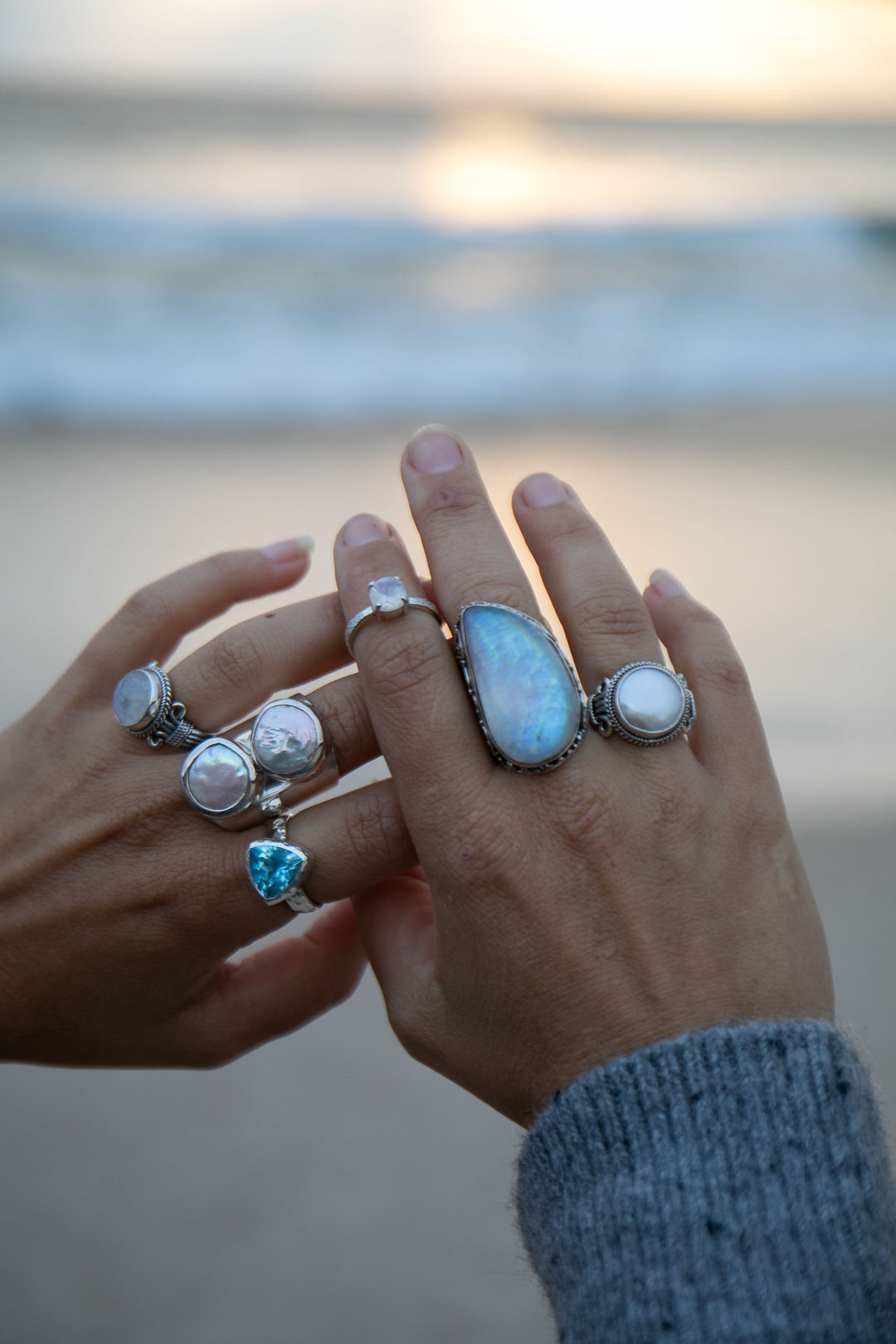 Statement Rainbow Moonstone Ring in Tribal Sterling Silver Setting - Size 9 US