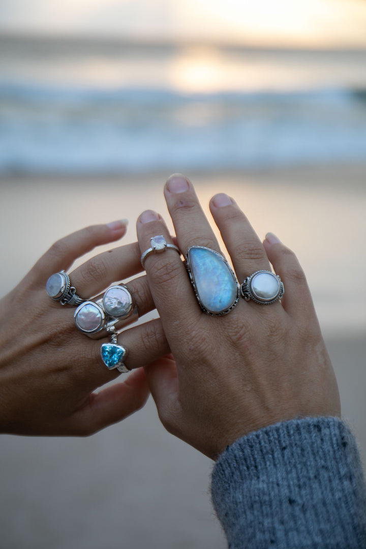 Statement Rainbow Moonstone Ring in Tribal Sterling Silver Setting - Size 9 US