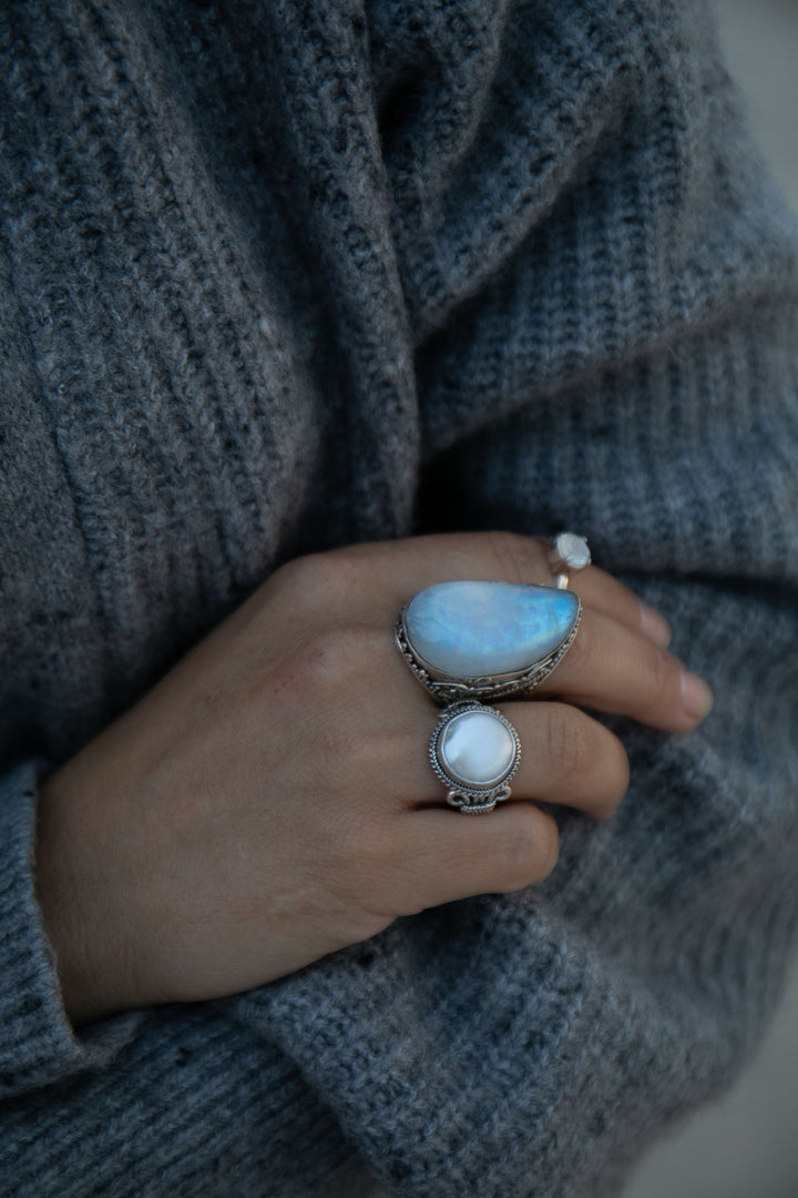 Statement Rainbow Moonstone Ring in Tribal Sterling Silver Setting - Size 9 US