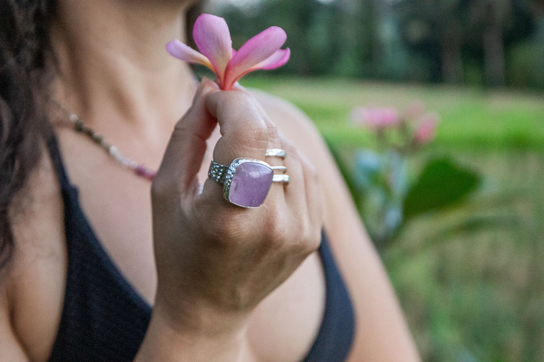 Pink Kunzite Ring with Beaten Sterling Silver Setting - Adjustable Band