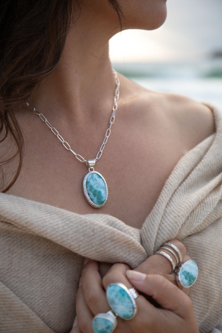Larimar Pendant in Unique Bezel Silver Setting