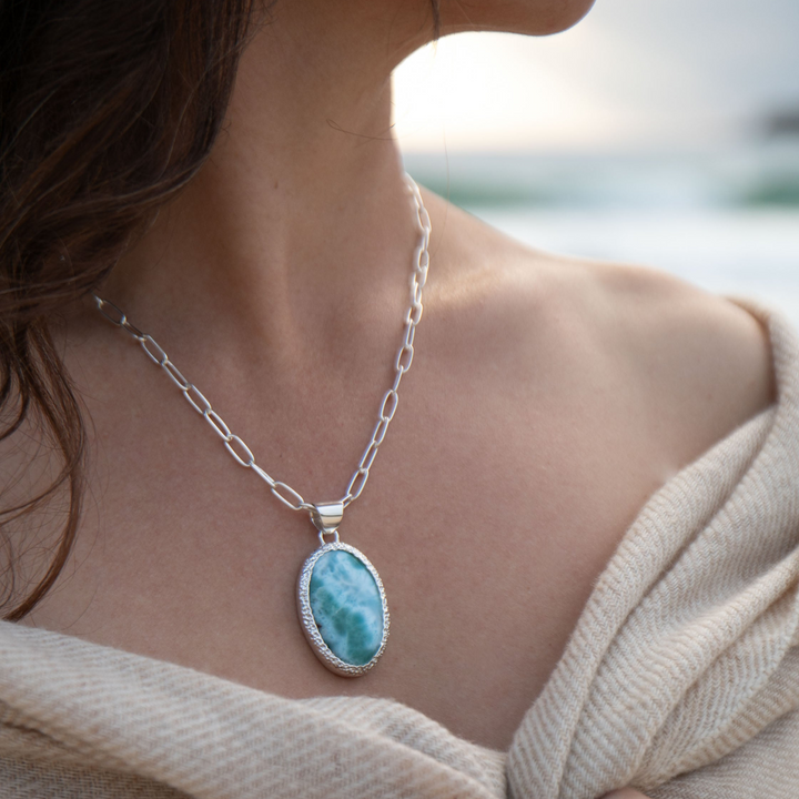 Larimar Pendant in Unique Bezel Silver Setting