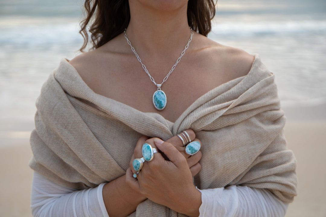 Larimar Pendant in Unique Bezel Silver Setting