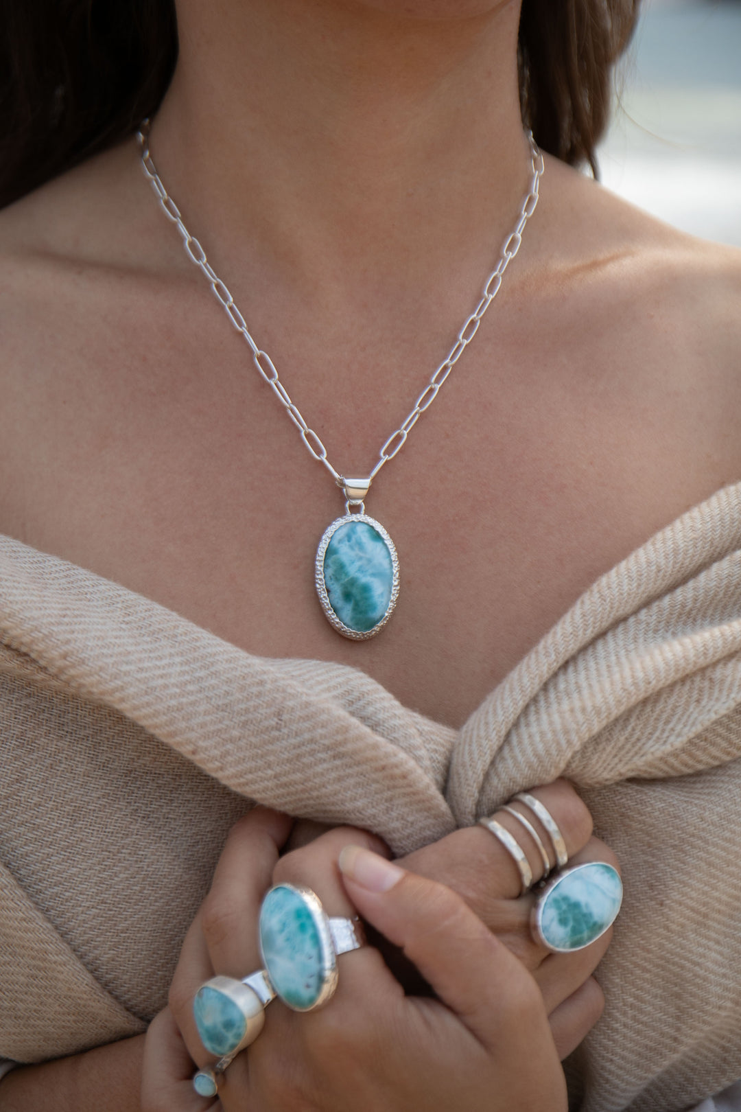 Larimar Pendant in Unique Bezel Silver Setting