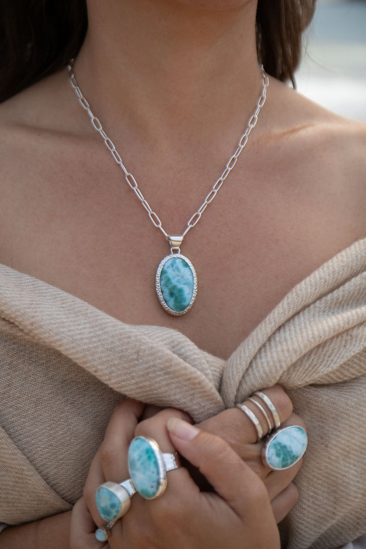 Larimar Pendant in Unique Bezel Silver Setting
