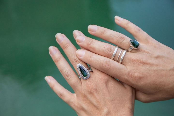 Dark Green Tourmaline Ring set in Unique Sterling Silver - Size 7.5 US