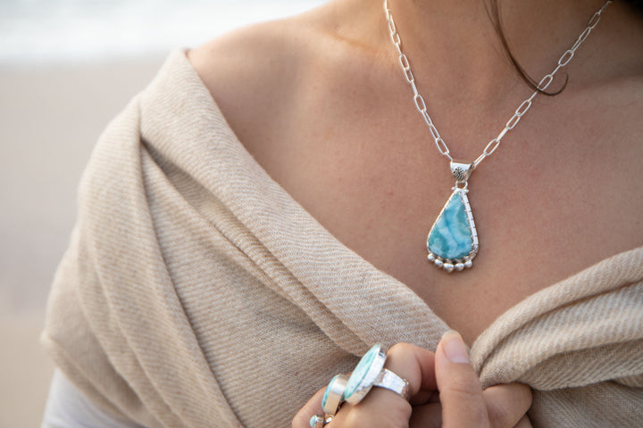 Tribal Design Larimar Pendant set in Sterling Silver
