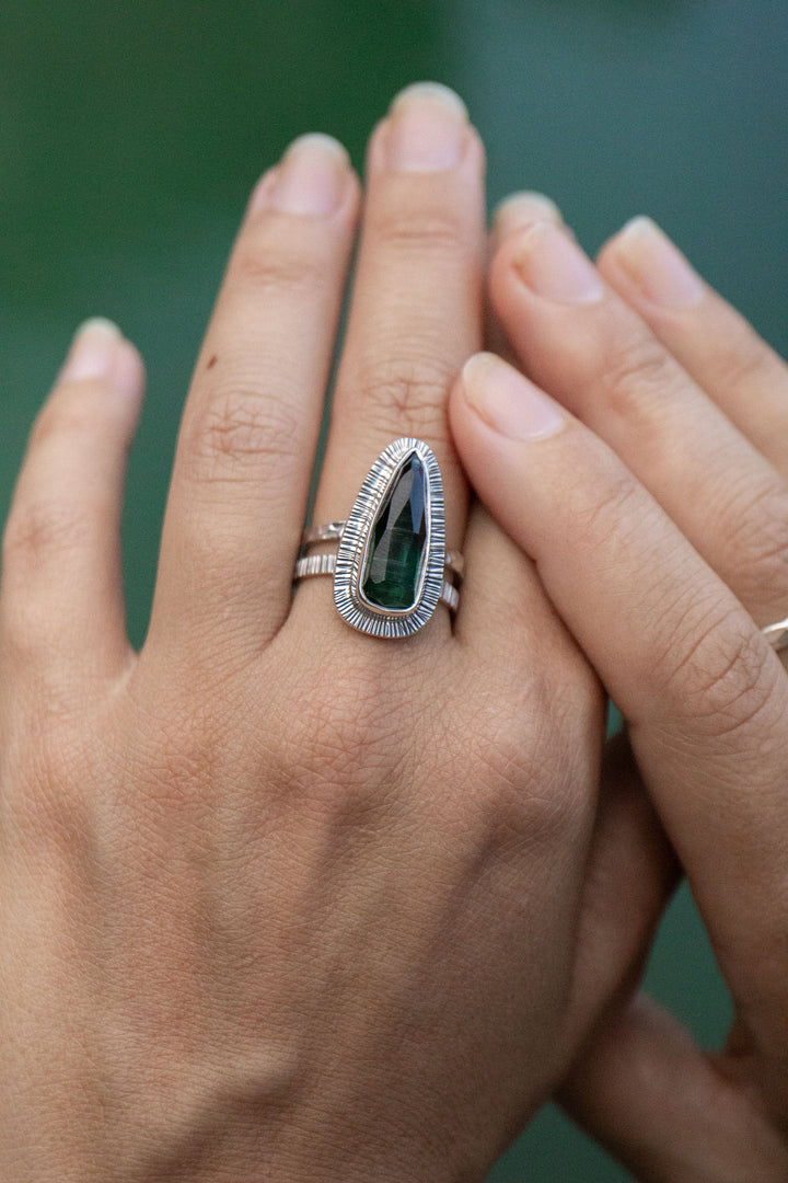 Dark Green Tourmaline Ring set in Unique Sterling Silver - Size 7.5 US