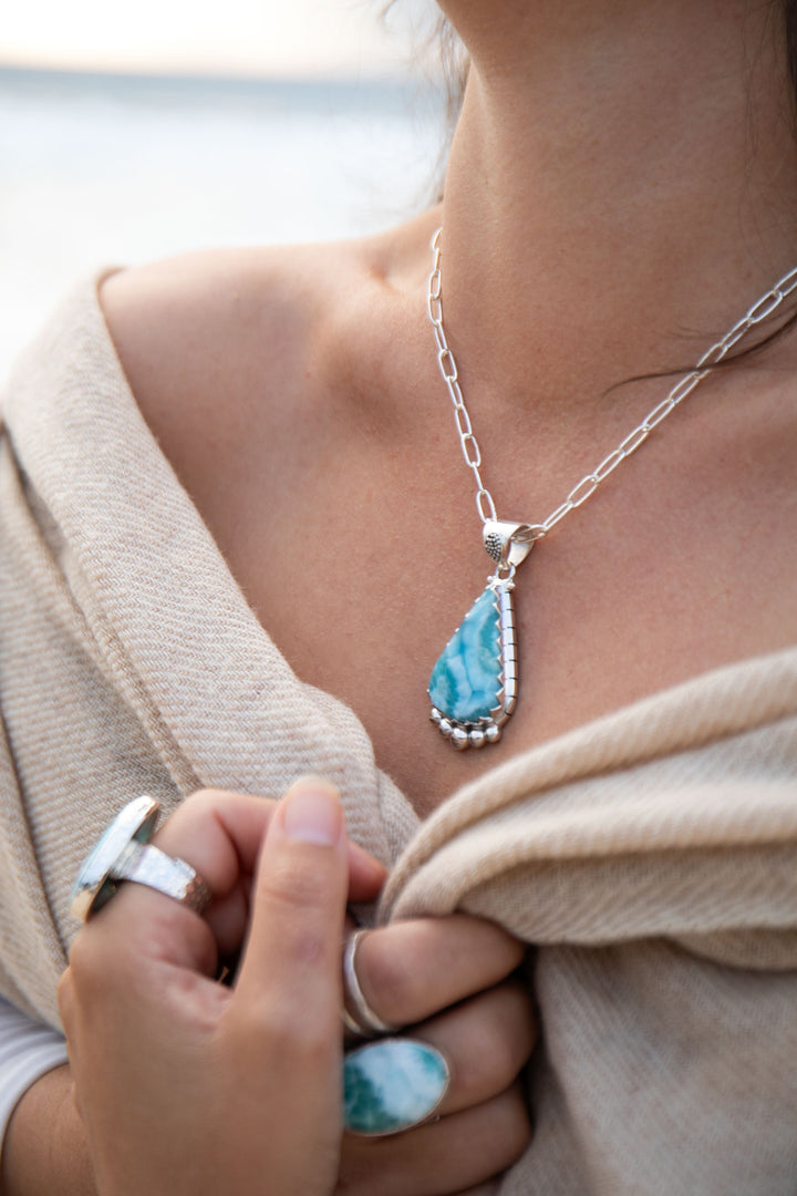 Tribal Design Larimar Pendant set in Sterling Silver