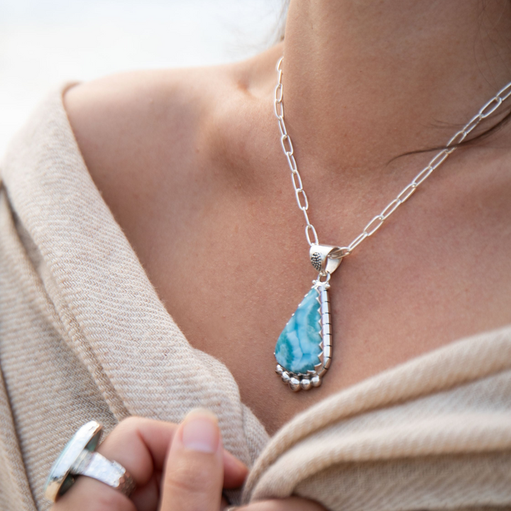 Tribal Design Larimar Pendant set in Sterling Silver