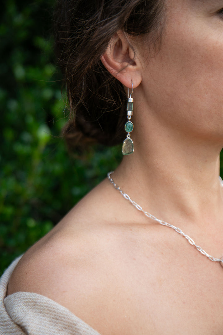 One of a Kind High Quality Green Tourmaline Earrings in Unique Sterling Silver Setting