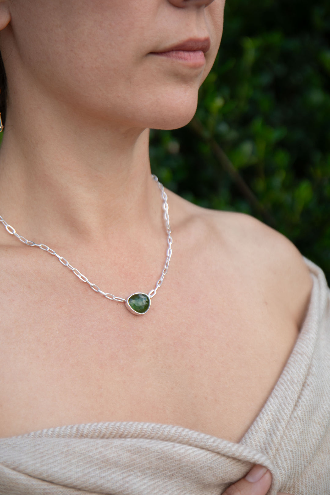 Faceted Green Tourmaline Pendant on Sterling Silver Link Chain