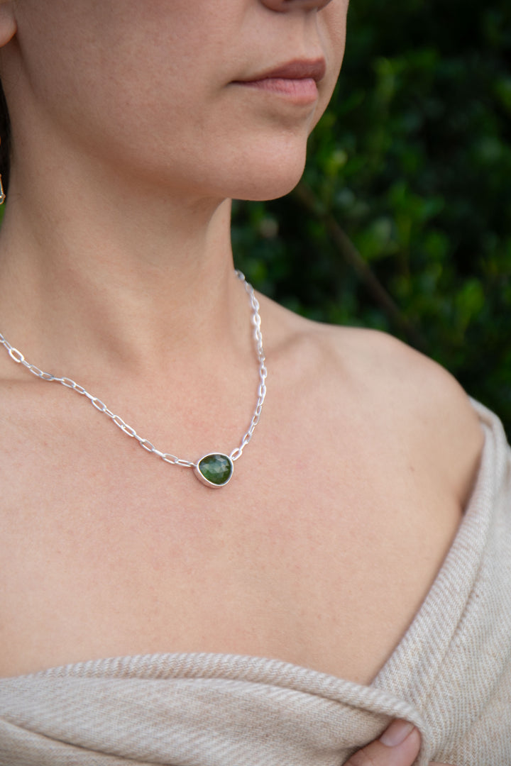 Faceted Green Tourmaline Pendant on Sterling Silver Link Chain