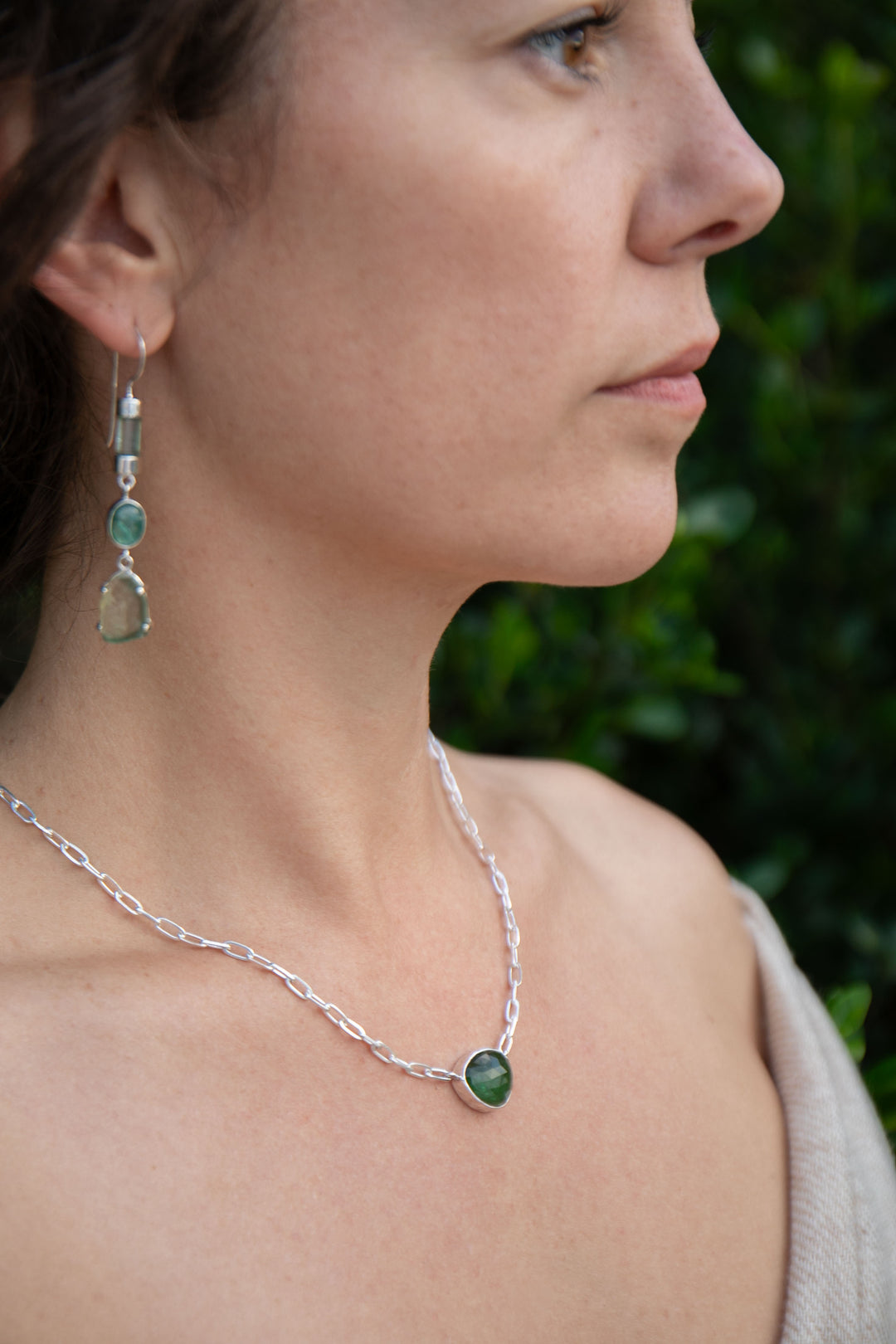 Faceted Green Tourmaline Pendant on Sterling Silver Link Chain