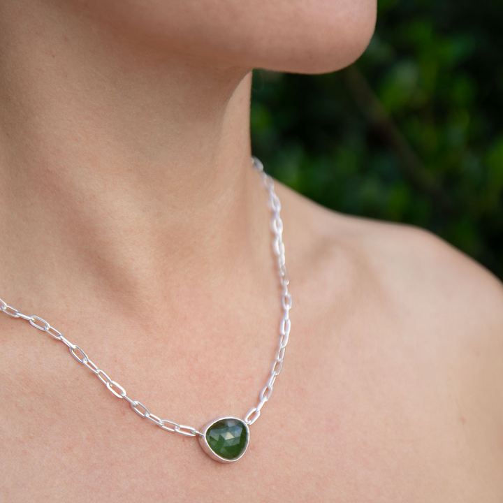 Faceted Green Tourmaline Pendant on Sterling Silver Link Chain