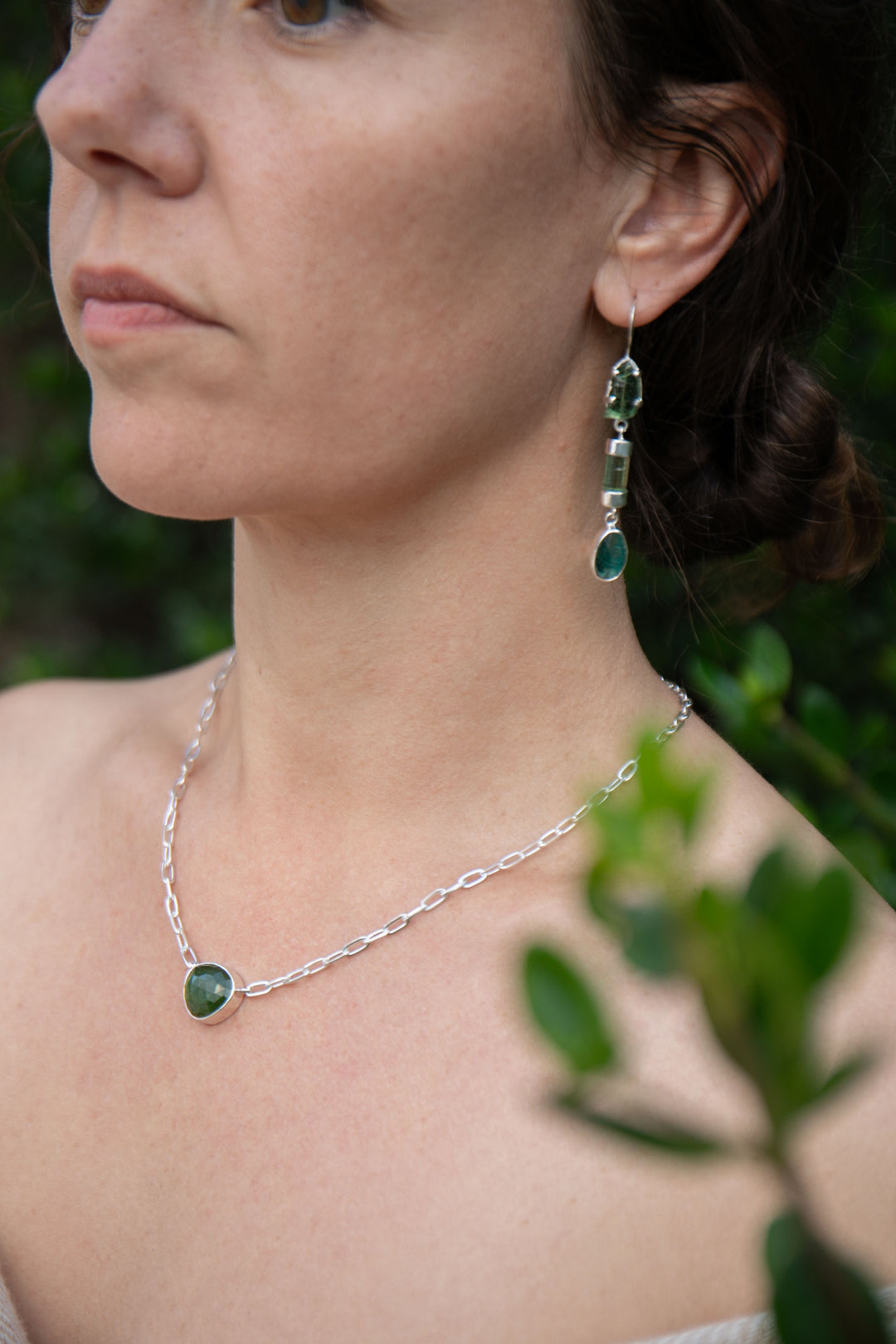 Faceted Green Tourmaline Pendant on Sterling Silver Link Chain
