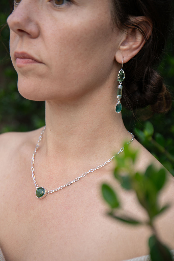 Faceted Green Tourmaline Pendant on Sterling Silver Link Chain