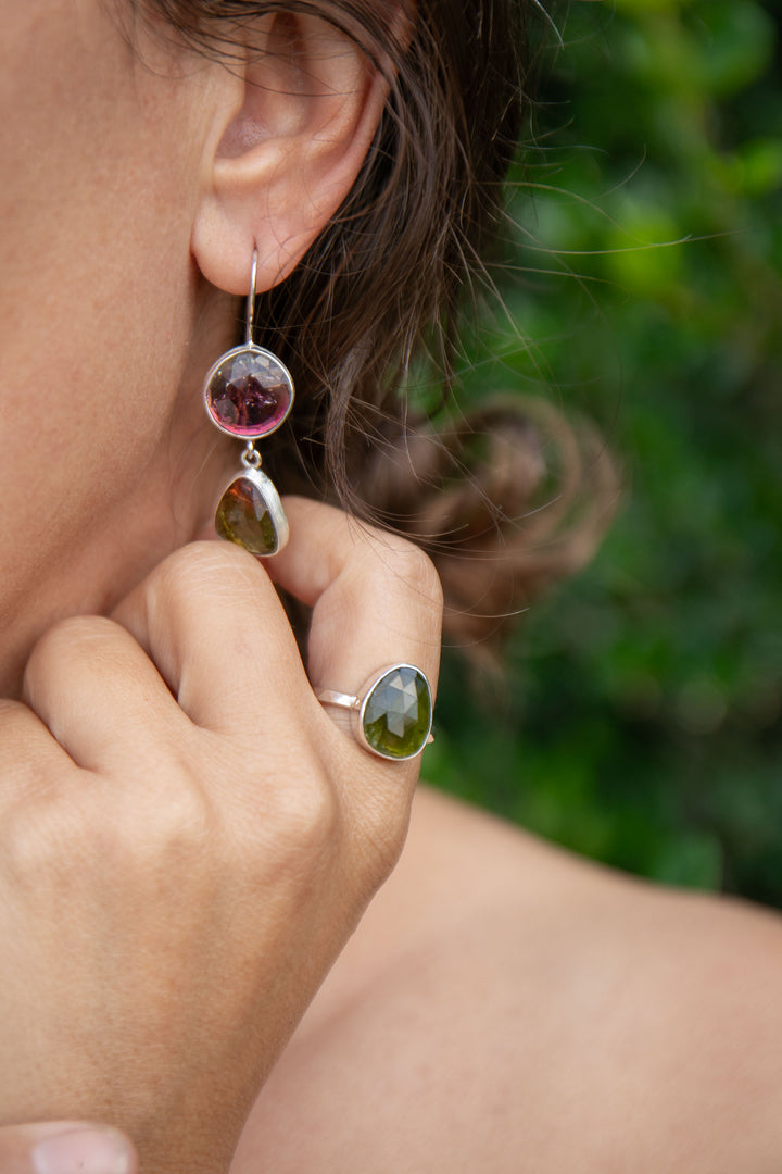 STUNNING Rose Cut Double Watermelon Tourmaline Earrings in Sterling Silver