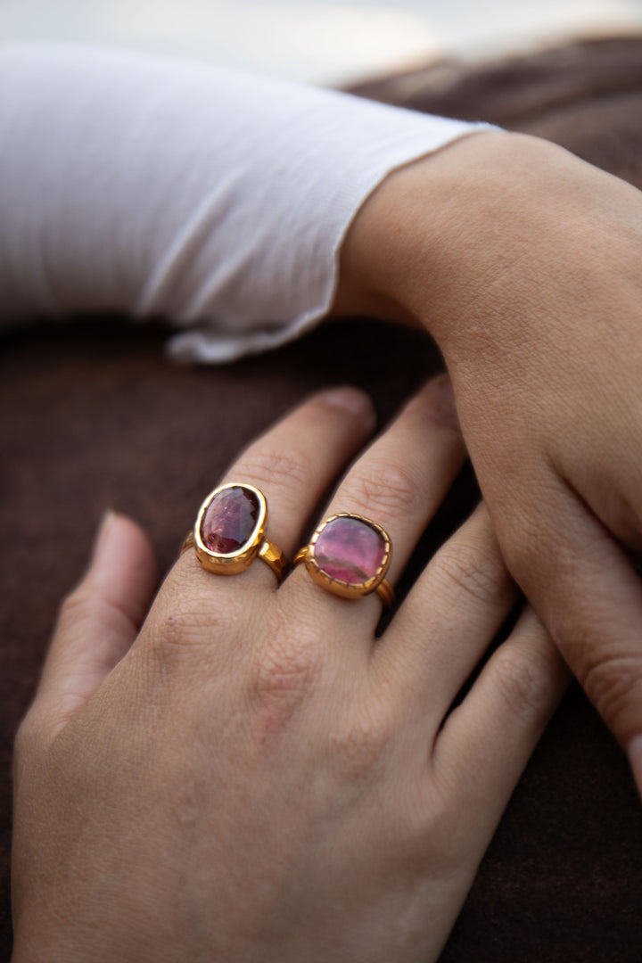 Faceted Pink Tourmaline Ring in Beaten Gold Plated Sterling Silver - Size 8.5 US