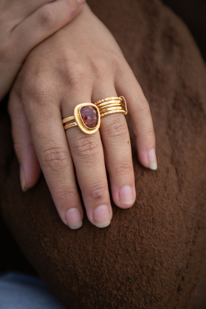 Faceted Triple Pink Tourmaline Ring in Unique Gold Plated Sterling Silver - Size 7 US