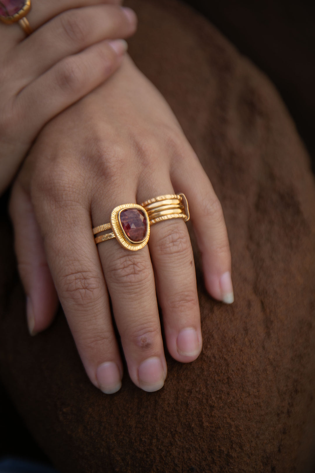 Faceted Triple Pink Tourmaline Ring in Unique Gold Plated Sterling Silver - Size 7 US