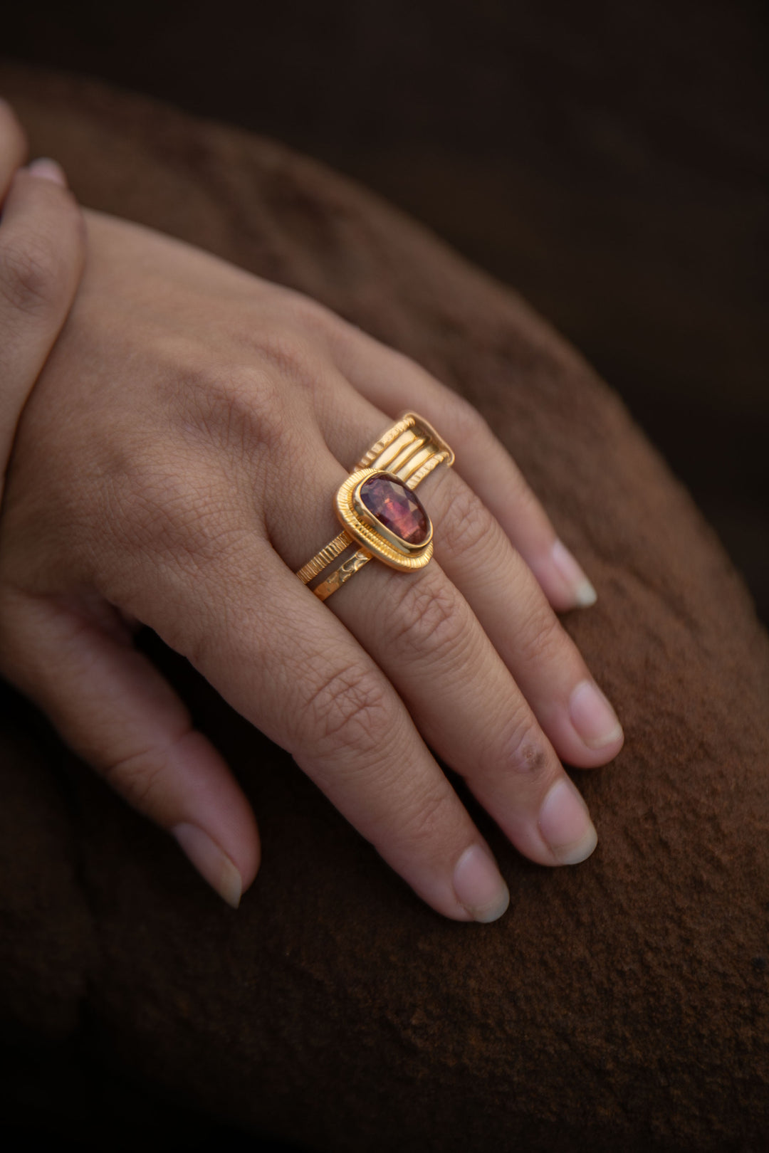 Faceted Triple Pink Tourmaline Ring in Unique Gold Plated Sterling Silver - Size 7 US