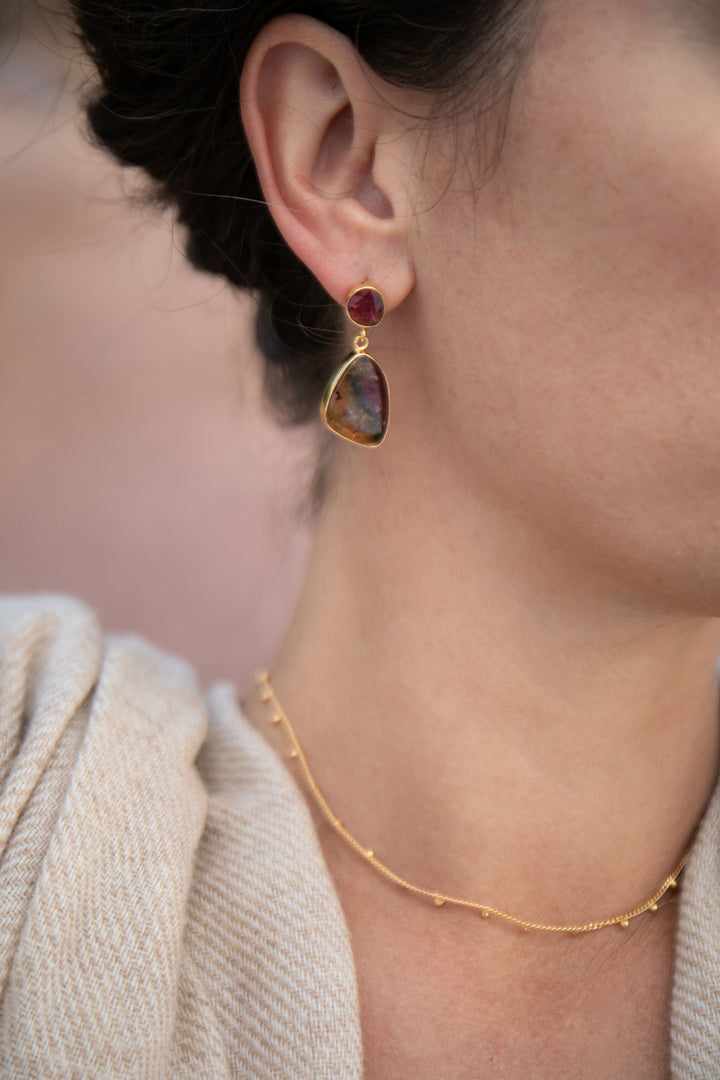 Watermelon and Pink Tourmaline Drop Stud Earrings in 24k Gold Plated Silver