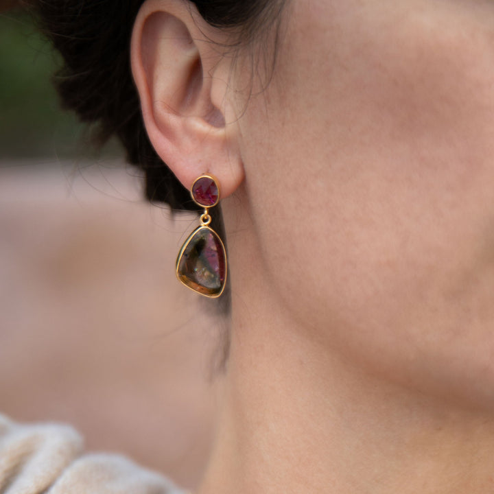 Watermelon and Pink Tourmaline Drop Stud Earrings in 24k Gold Plated Silver