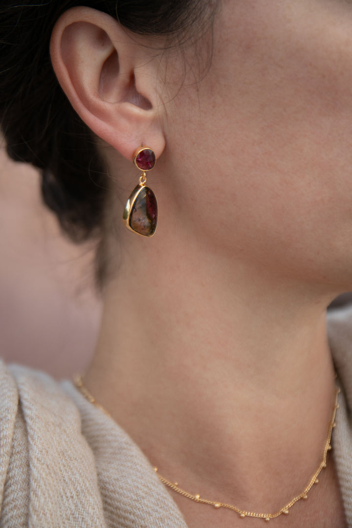 Watermelon and Pink Tourmaline Drop Stud Earrings in 24k Gold Plated Silver
