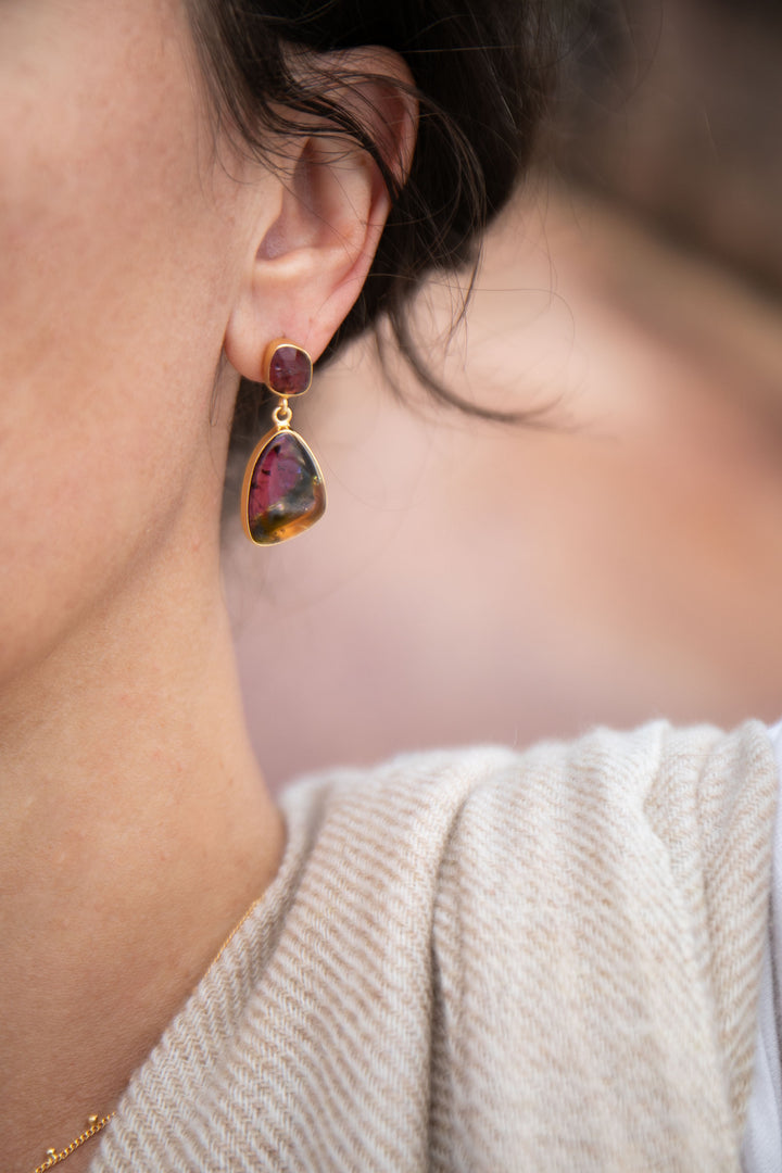 Watermelon and Pink Tourmaline Drop Stud Earrings in 24k Gold Plated Silver