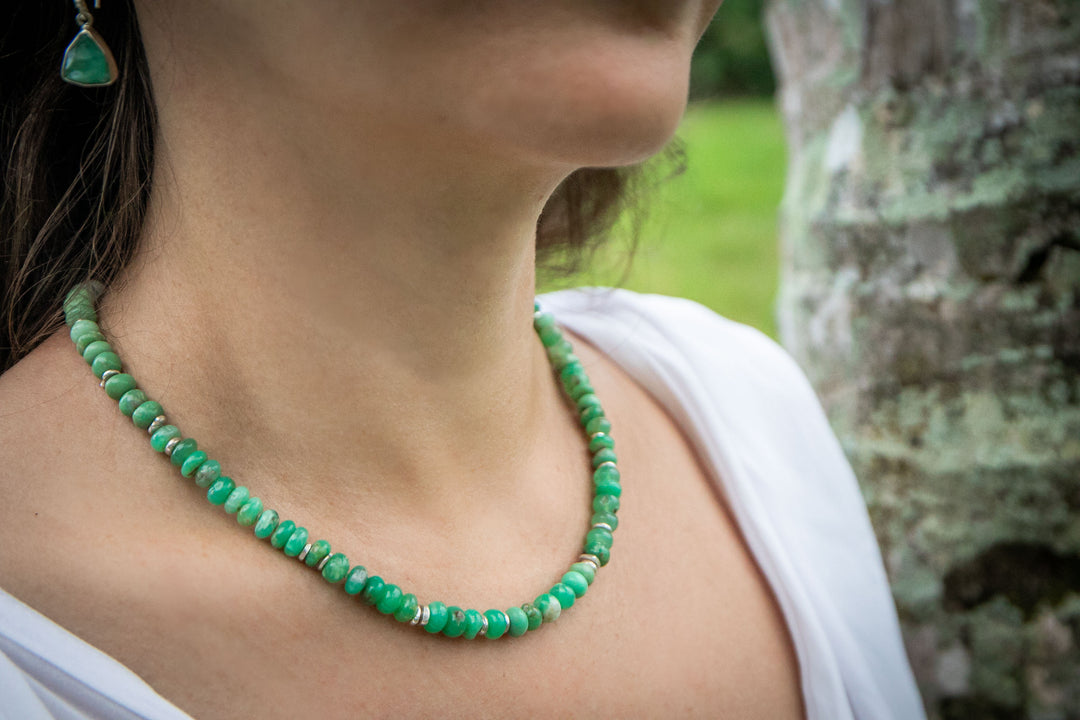 Chrysoprase Beaded Necklace with Thai Hill Tribe Silver Beads