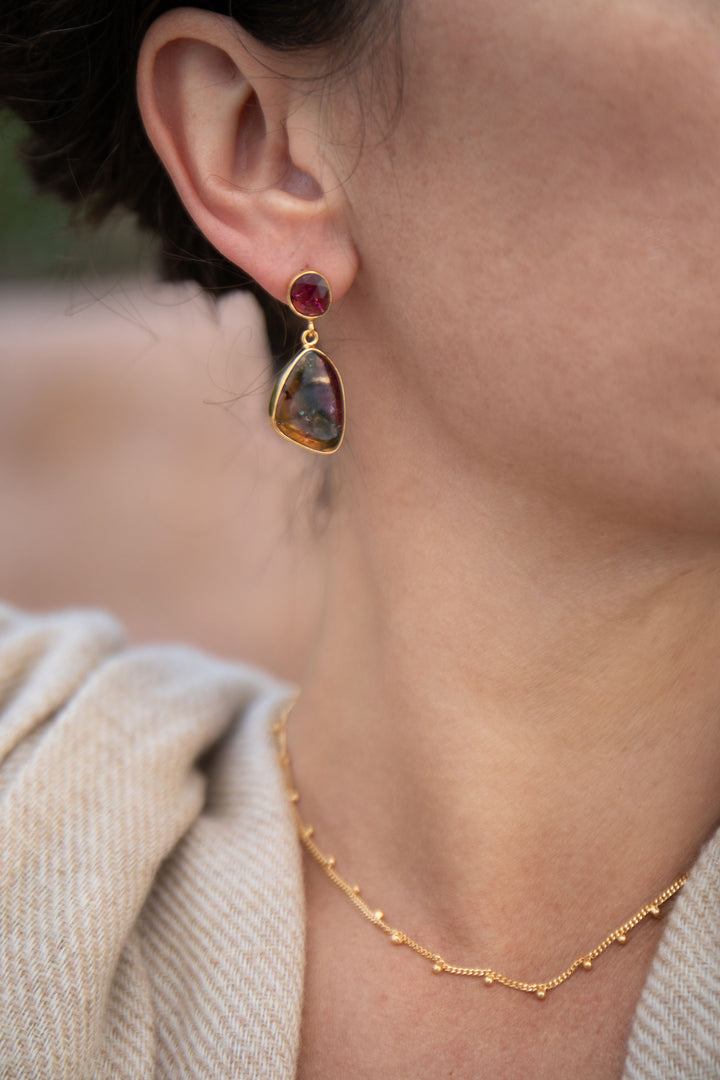 Watermelon and Pink Tourmaline Drop Stud Earrings in 24k Gold Plated Silver