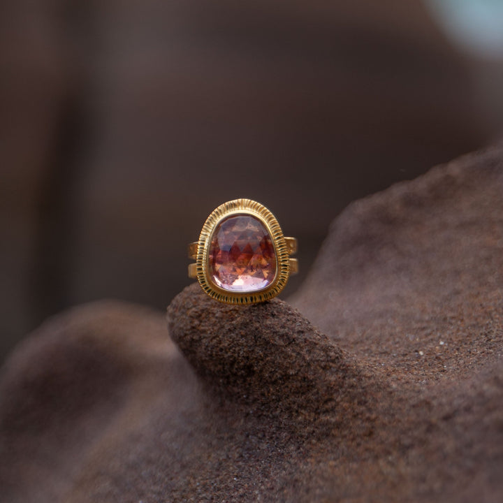 Faceted Triple Pink Tourmaline Ring in Unique Gold Plated Sterling Silver - Size 7 US