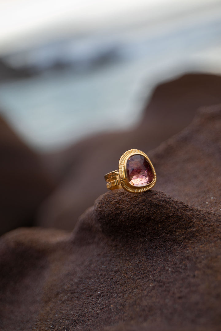 Faceted Triple Pink Tourmaline Ring in Unique Gold Plated Sterling Silver - Size 7 US