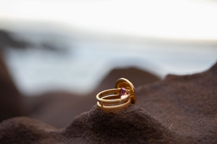 Faceted Triple Pink Tourmaline Ring in Unique Gold Plated Sterling Silver - Size 7 US