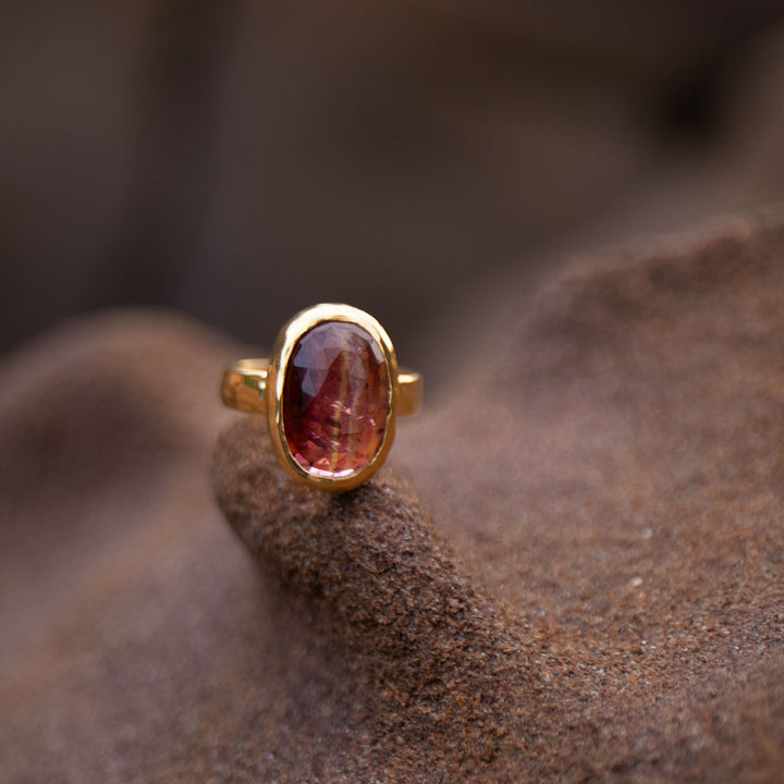 Faceted Pink Tourmaline Ring in Beaten Gold Plated Sterling Silver - Size 8.5 US